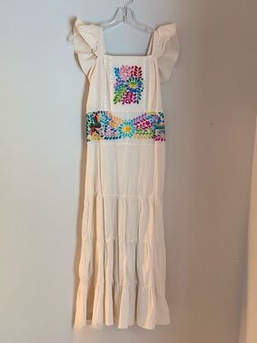 Hand Crafted Cream Midi Dress with Floral Embroidery Ruffles Mexico Size S